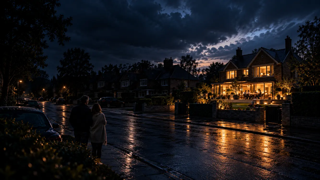 A dark residential street during a power cut with one home still illuminated