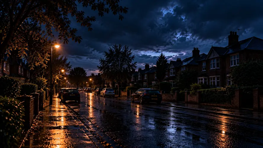 Dark homes along a residential street during a power cut