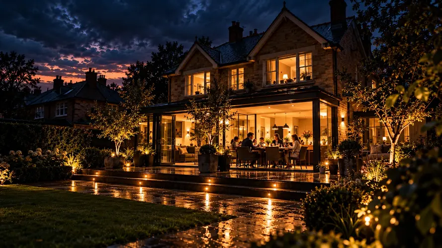 A family having dinner on a warmly illuminated terrace