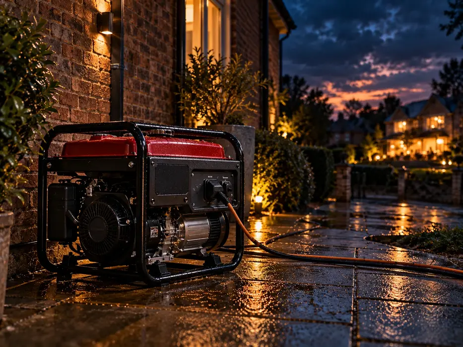 Portable petrol generator positioned outdoors beside a home
